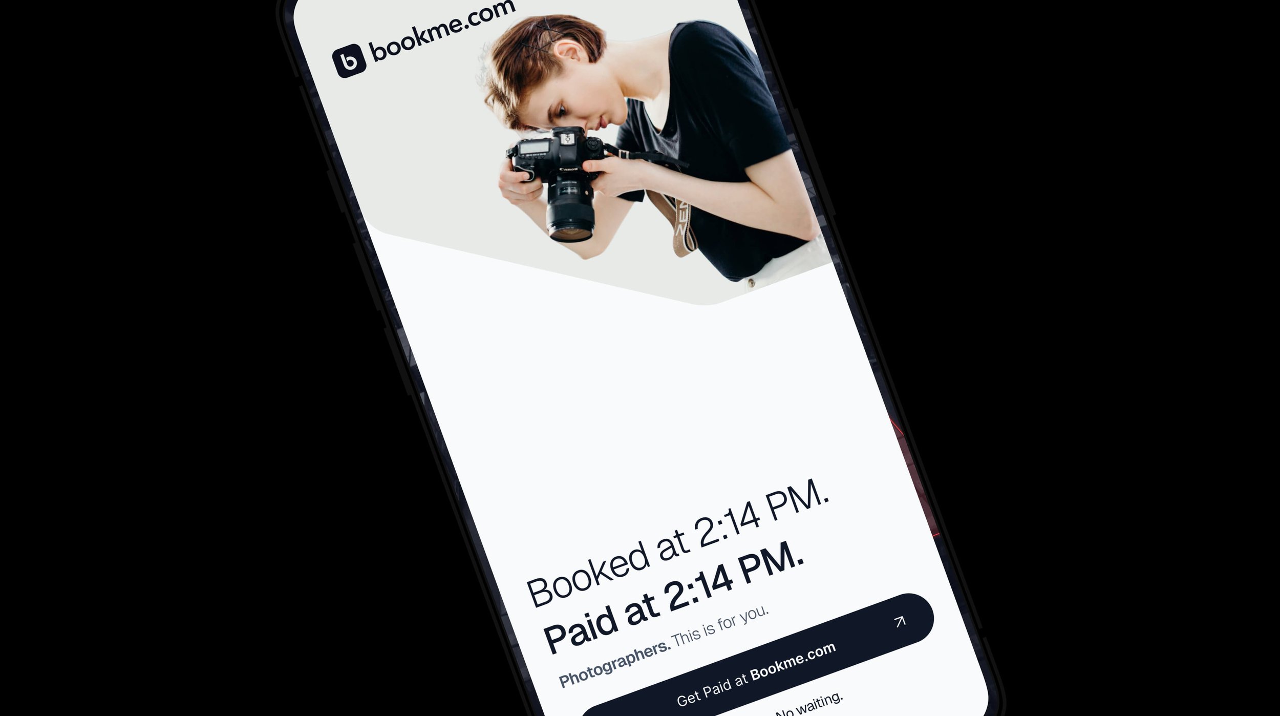 Bookme.com Instagram Story: "Booked at 2:14 PM. Paid at 2:14 PM" — instant payout messaging for photographers