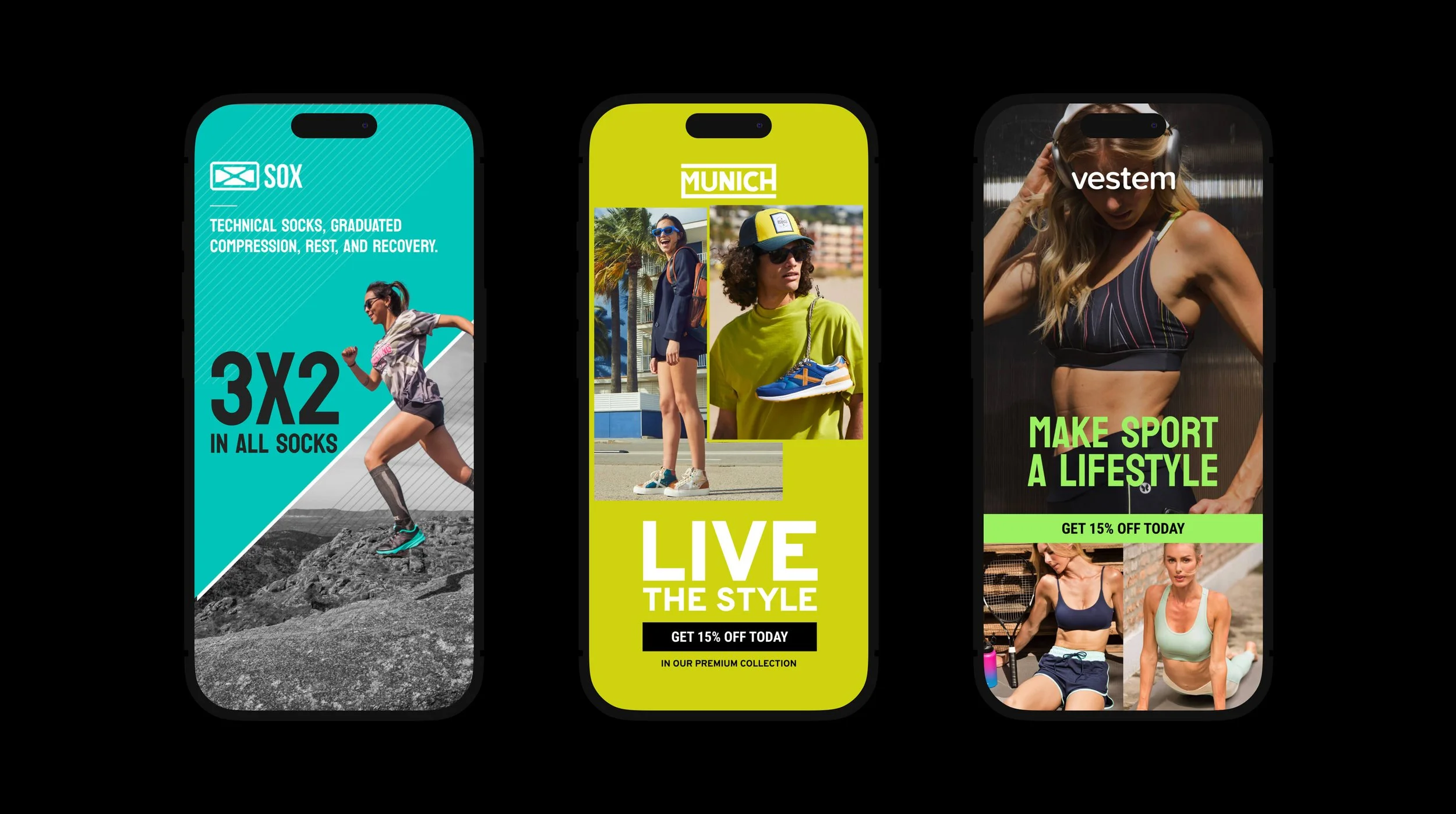 NG2 Miami Midtown Instagram Story set: SOX "3x2 in all socks" promo, Munich "Live the Style" campaign, and Vestem "Make Sport & Lifestyle" apparel — brand campaign creatives from the social media design system