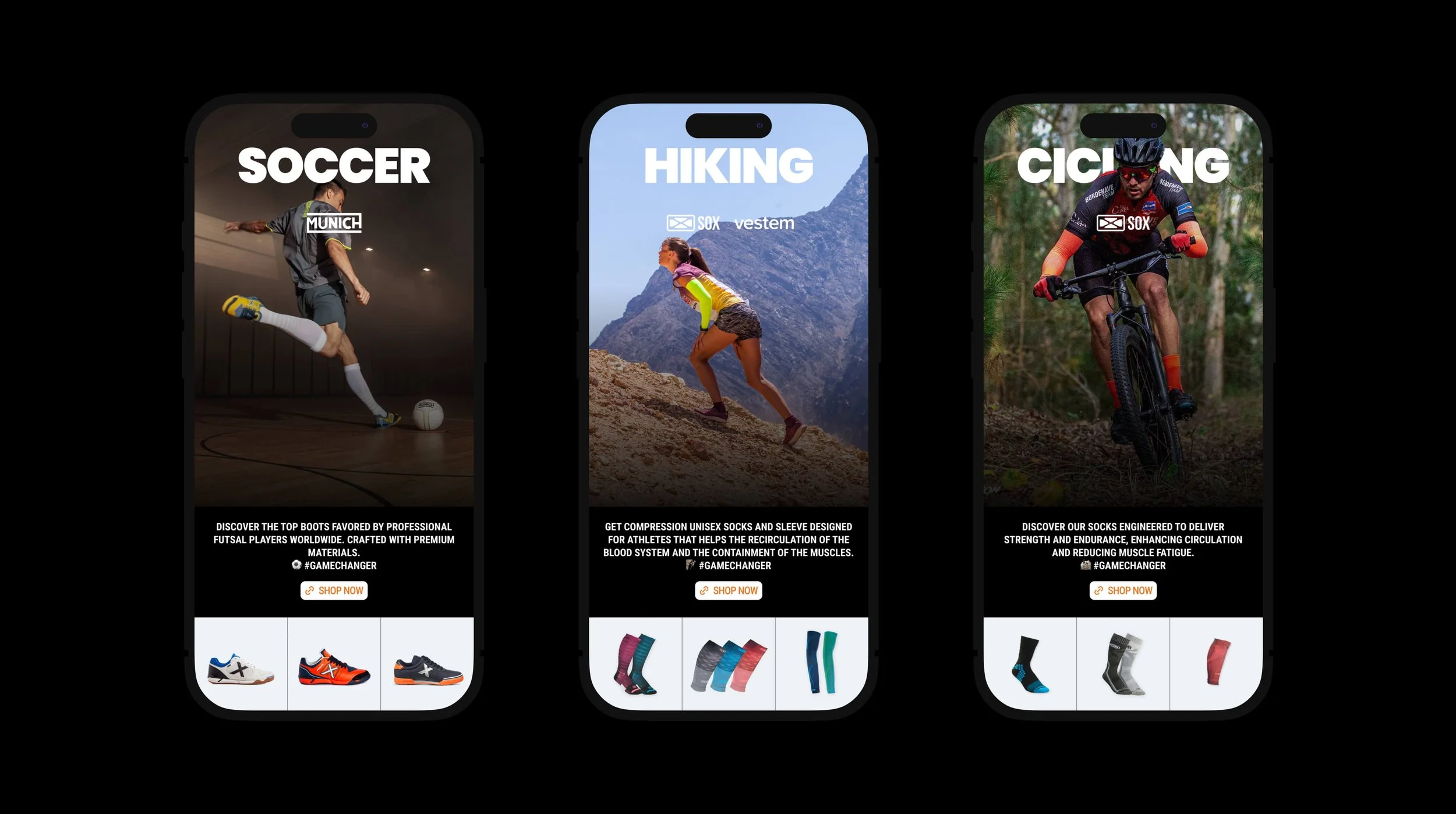 NG2 Miami Midtown Instagram Story set: Soccer gear (Munich), Hiking apparel (Vestem), and Cycling essentials (SOX) — "Shop Now" product carousels from the social media design system