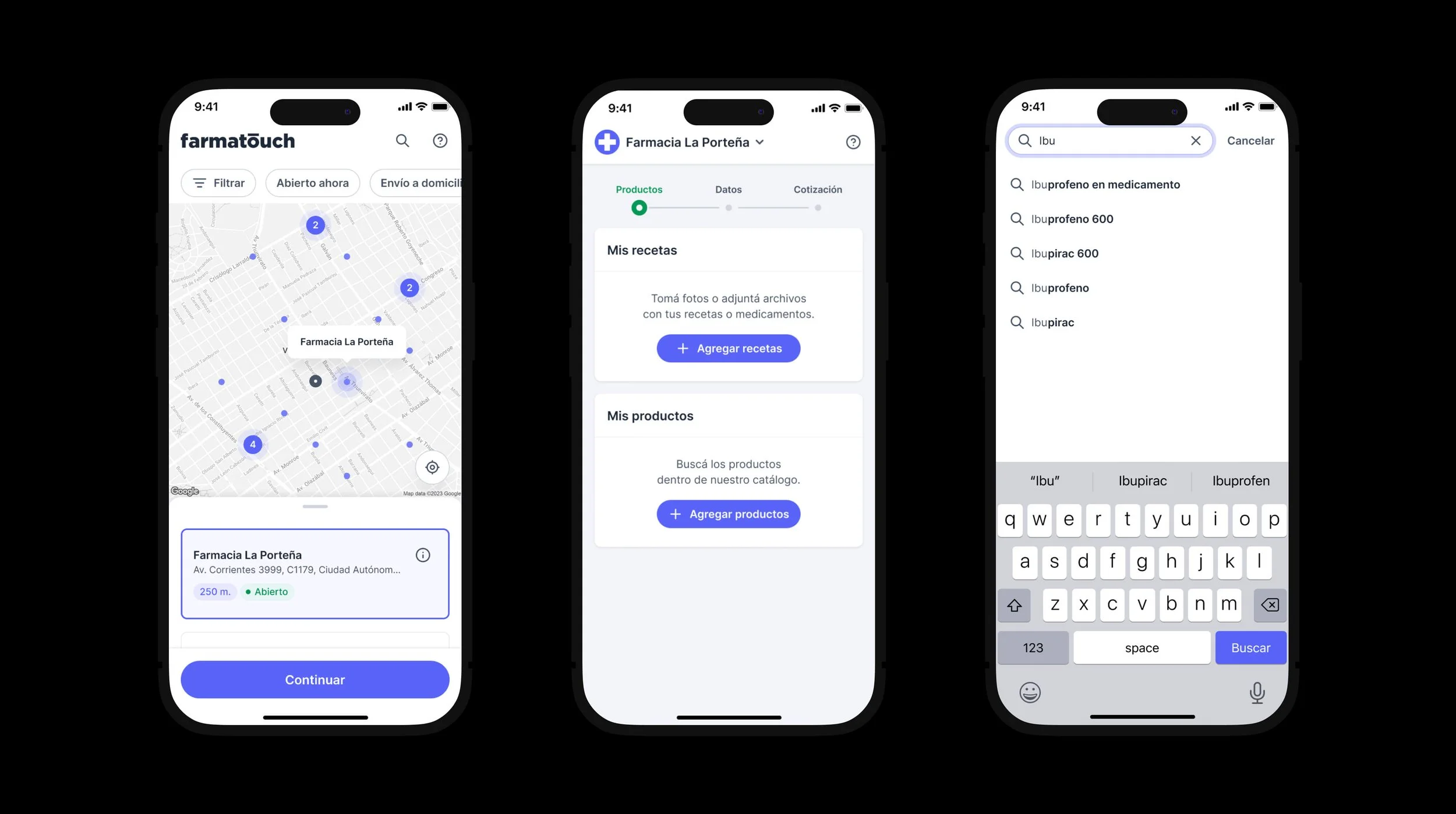 Three Farmatouch app screens: map of nearby open pharmacies, prescription and product upload step, and medicine search with autocomplete suggestions