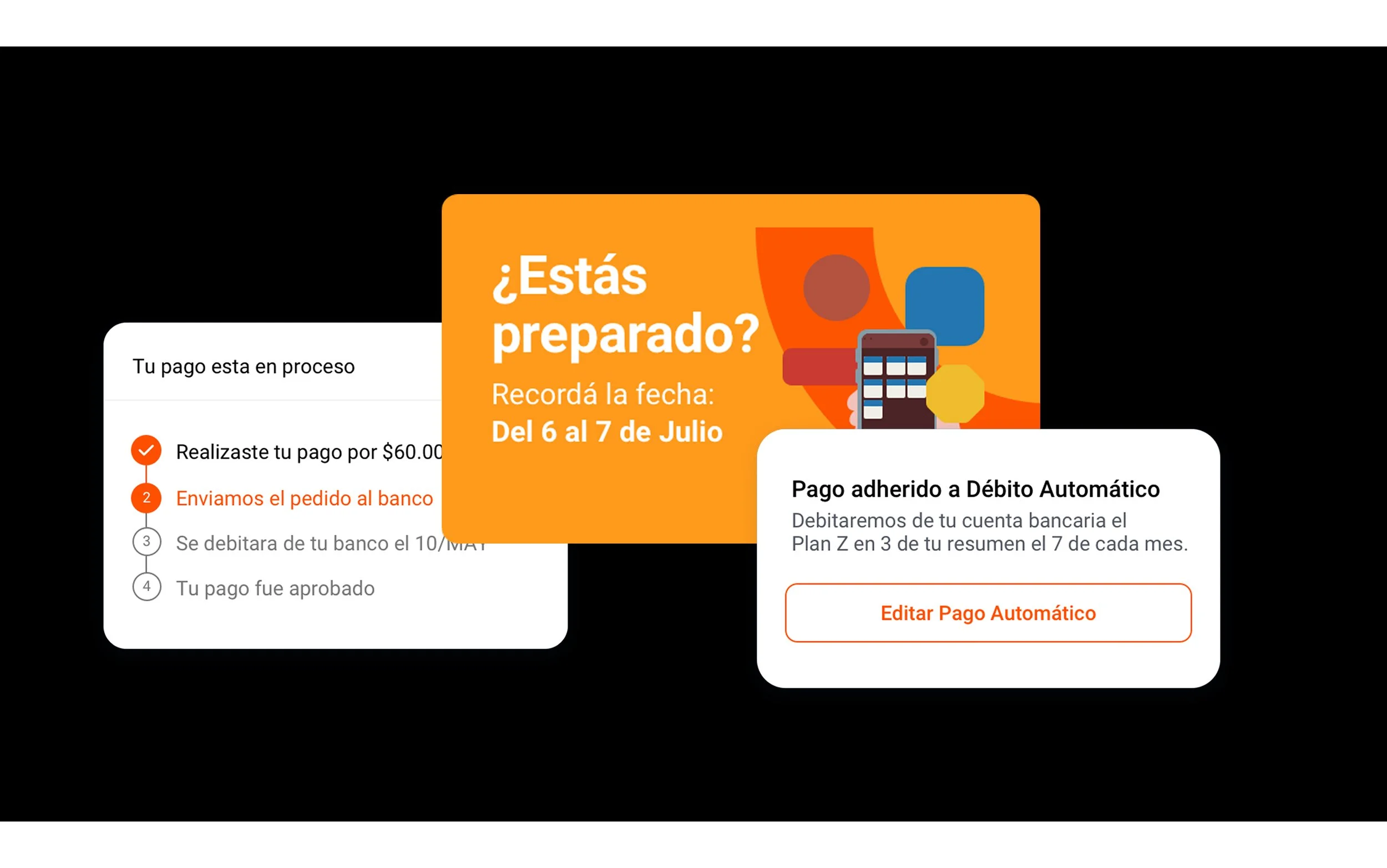 Naranja X design system components: payment status tracker, payment due date promo banner and automatic debit confirmation card