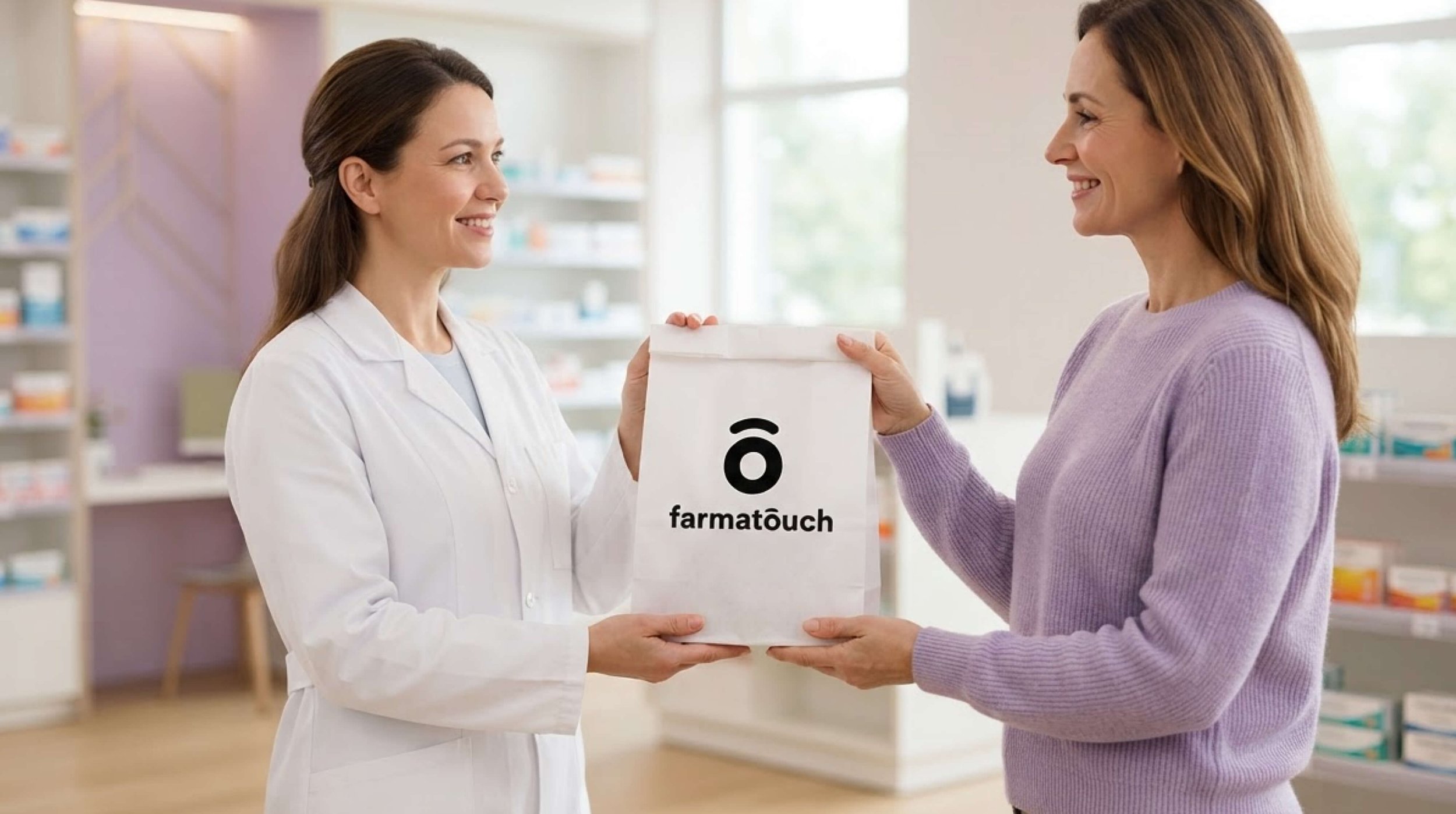 Pharmacist handing a Farmatouch-branded paper bag to a smiling customer at the pharmacy counter