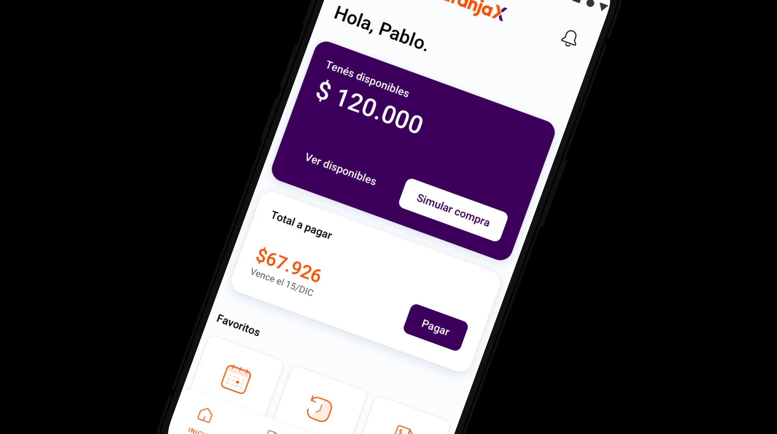 Naranja X app home screen showing available credit, amount due and a Pay button