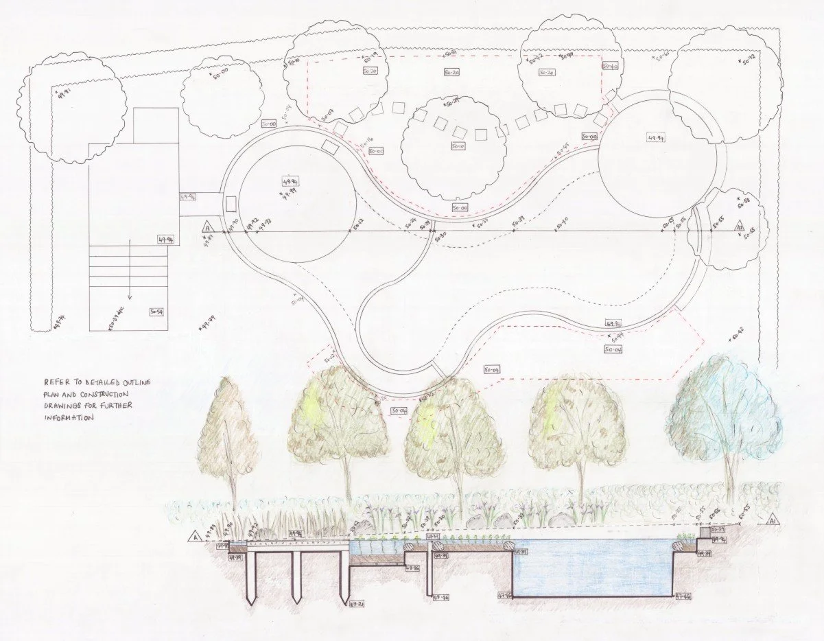 Site Section to indicate Dining Terrace and Pond Engineering 