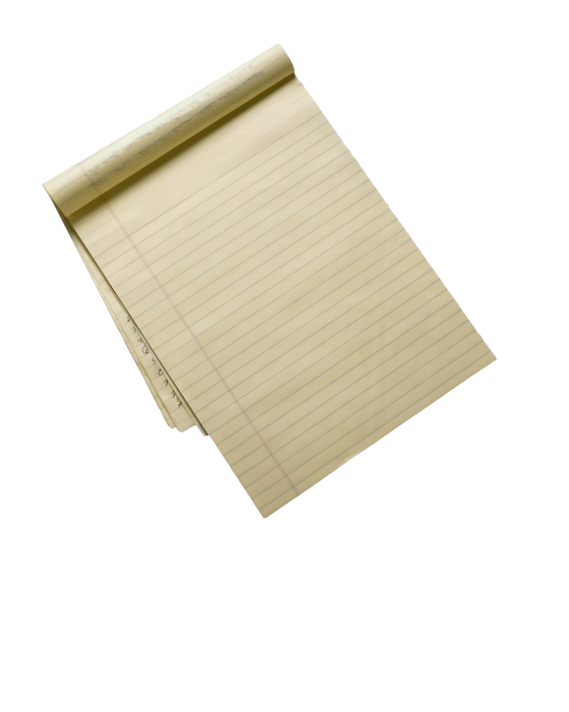 An open yellow legal pad with lined paper resting on top of a closed matching yellow notebook.