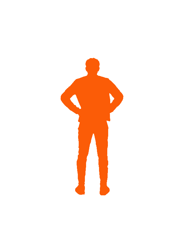 Silhouette of a man with hands on hips, standing against a green background.