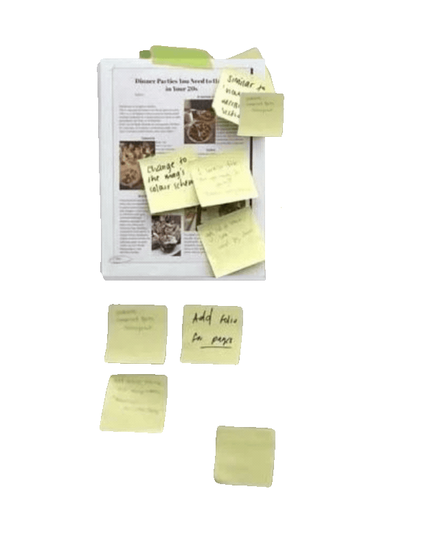 A newspaper with multiple yellow sticky notes attached and scattered around it, containing handwritten notes.