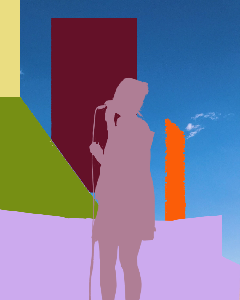 Silhouette of a person with a backpack, standing outdoors against a blue sky with clouds, surrounded by colorful abstract shapes.