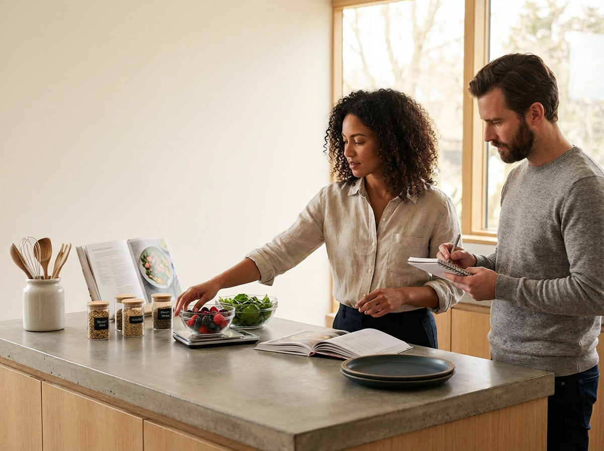 A woman and a man standing in a kitchen, looking at a bowl of berries and a salad on the counter. The woman is pointing at the berries, and the man is taking notes.