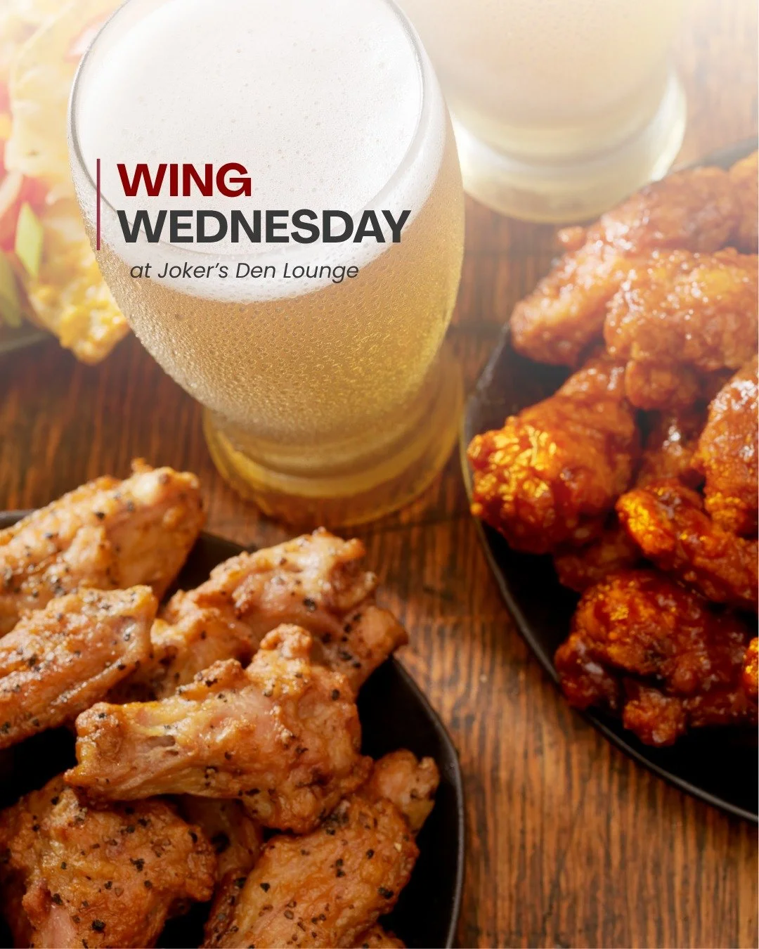 Wednesdays just got better. 🍗

Whether you're meeting friends after work or catching the game, Joker's Den Lounge has you covered every Wednesday with half-price wings for $10, 16oz draft beer for $6 and $2 off Joker's Social Sodas.

#WednesdayWingN