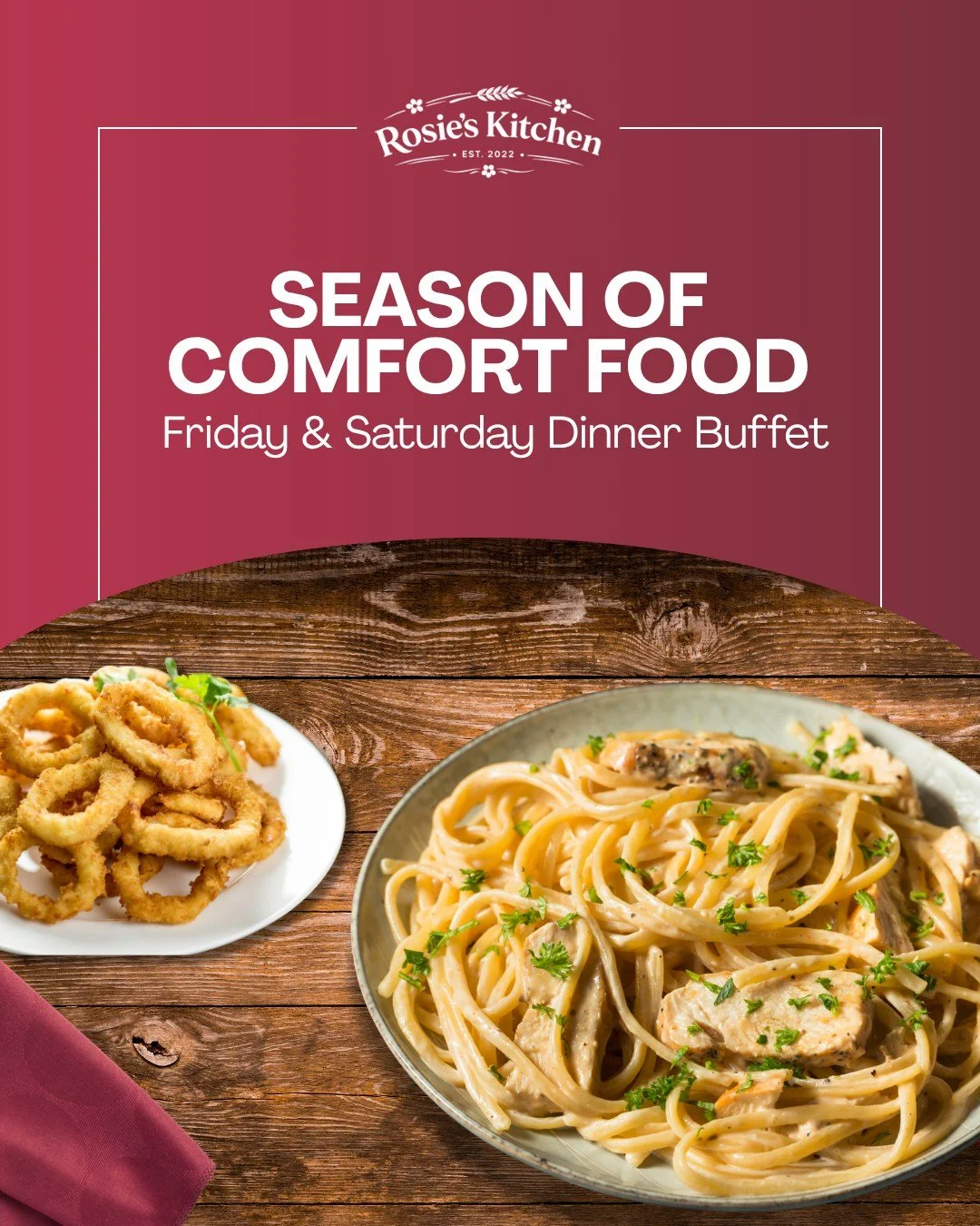 Weekends taste better at Rosie's Kitchen. 🍽️

 Whether you're winding down after a long week or gathering the whole family, our Dinner Buffet is served every Friday and Saturday evening from 5:00 to 9:00 PM. Enjoy home-cooked favourites made with fr