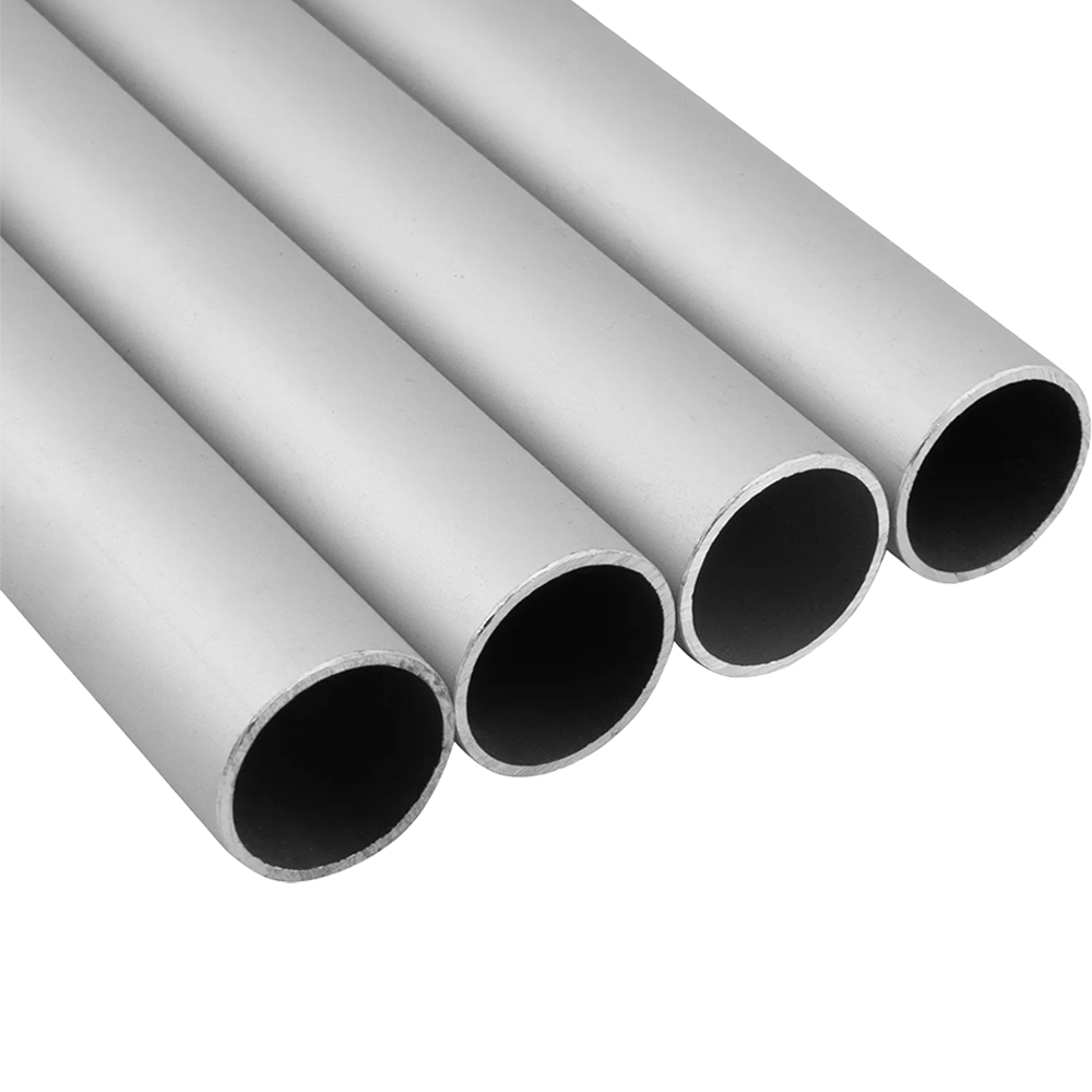 A collection of stainless steel Schedule 10 piping arranged diagonally, good for industrial applications.