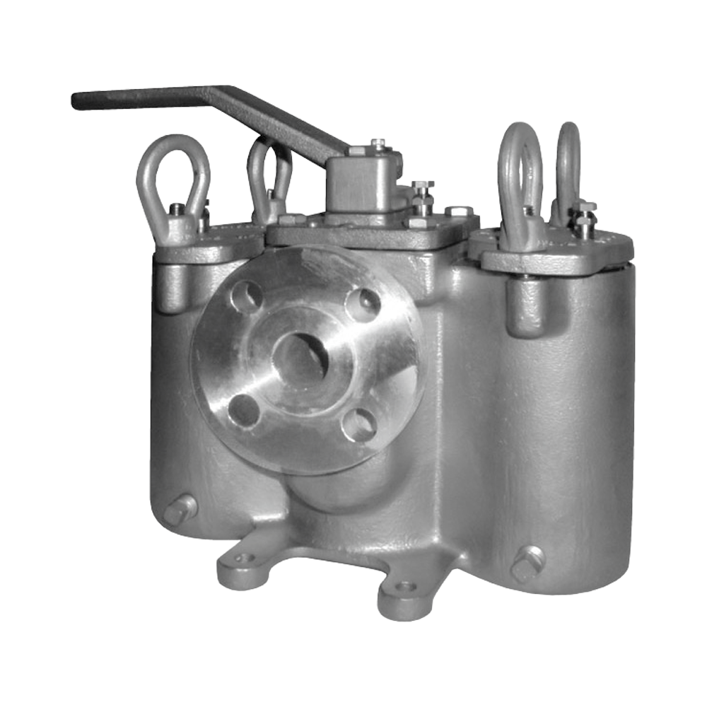An Eaton Model 53BTX duplex strainer made of stainless steel, featuring flanged connections on both ends. 