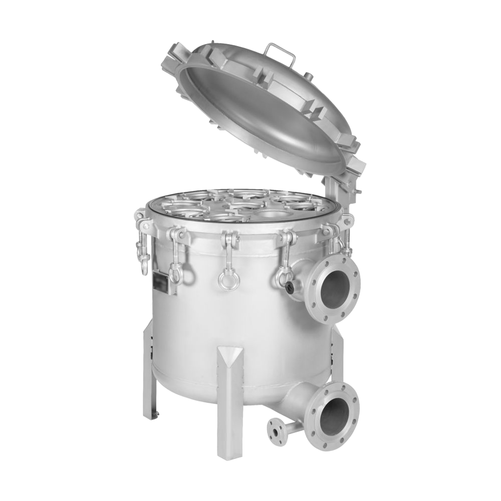 A multi-bag filter housing with flanged inlet and outlet connections and a swing bolt lid.
