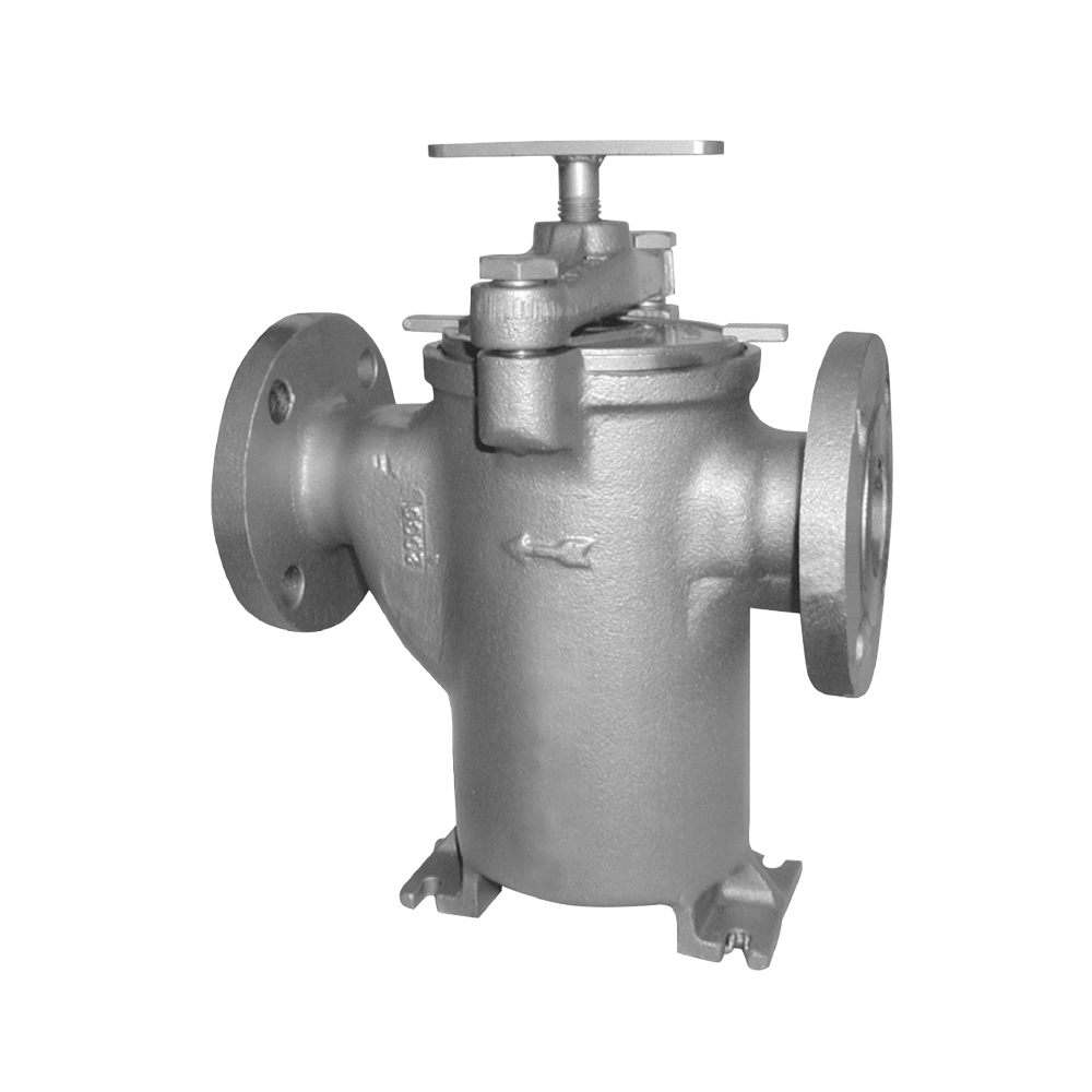 An Eaton Model 72 simplex strainer made of stainless steel, featuring flanged connections on both ends. 