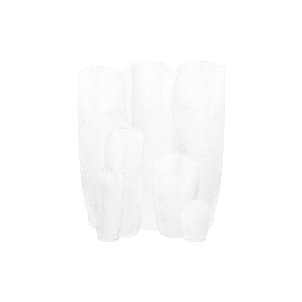 Various felt filter bags arranged standing up, featuring bag sizes #1, #2, #3, #4, #5, #7, #8, #9 and #12. 