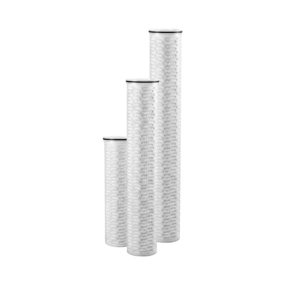 Three pleated high flow filter cartridges measuring in at 20-inches, 40-inches and 60-inches each. 