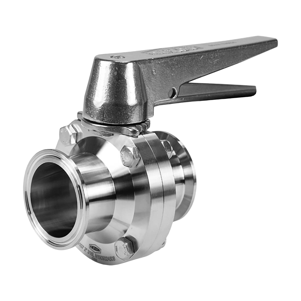 A close-up of a sanitary stainless steel butterfly valve with a trigger handle, used for controlling the flow of fluids moving through a system. 
