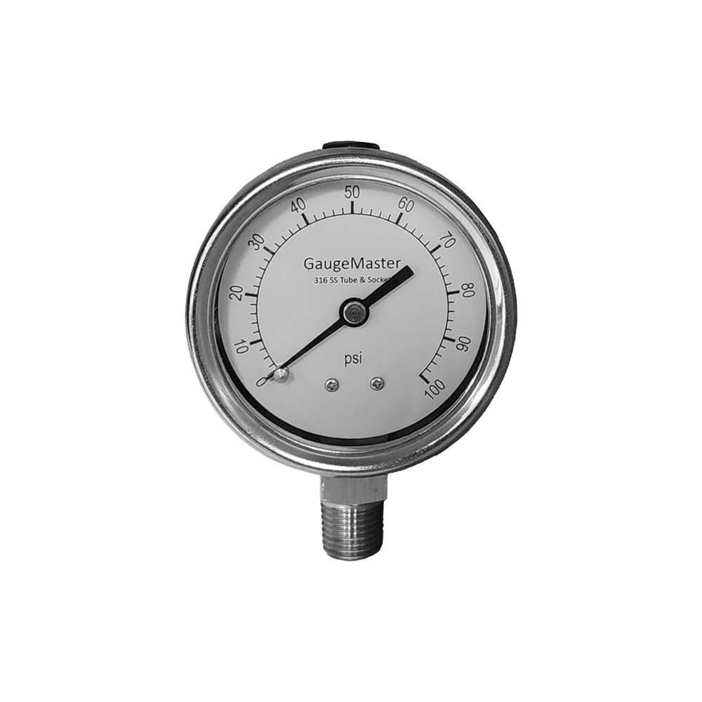 A threaded stainless steel pressure gauge showing approximately 100 psi.