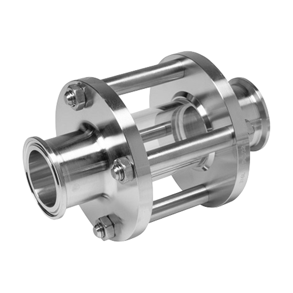 An inline sight glass made of stainless steel, proving system operators with visual of the flow within a piping system.