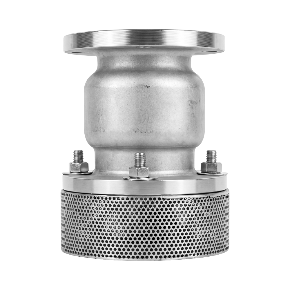 Close-up of a stainless steel foot valve, designed to protect pumps, heat exchanges and other equipment in a system. 