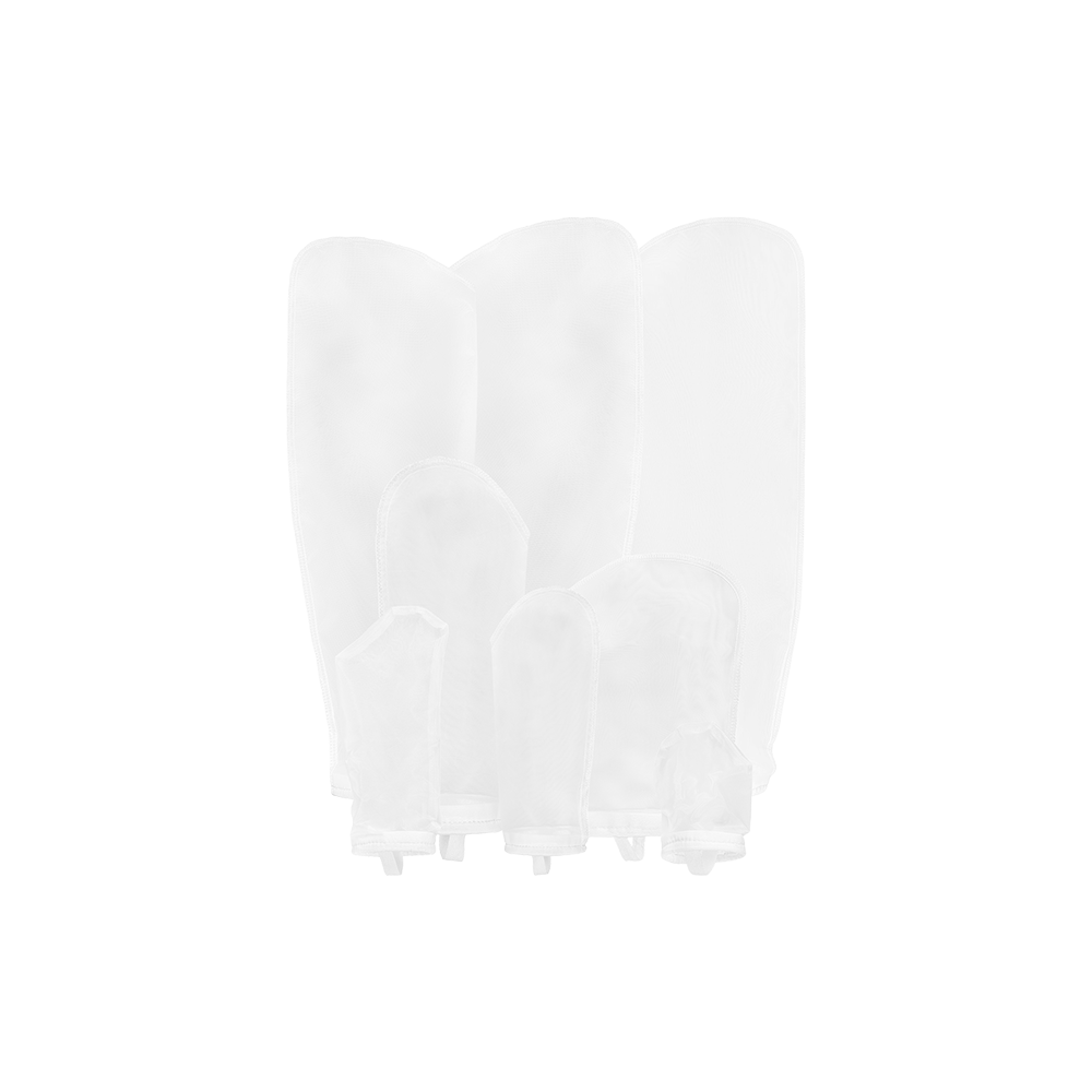 Various mesh filter bags arranged standing up, featuring bag sizes #1, #2, #3, #4, #5, #7, #8, #9 and #12. 