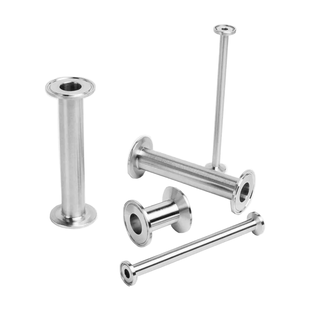 A set of custom fabricated stainless steel spools of varying lengths, with tri-clamp end connections. 