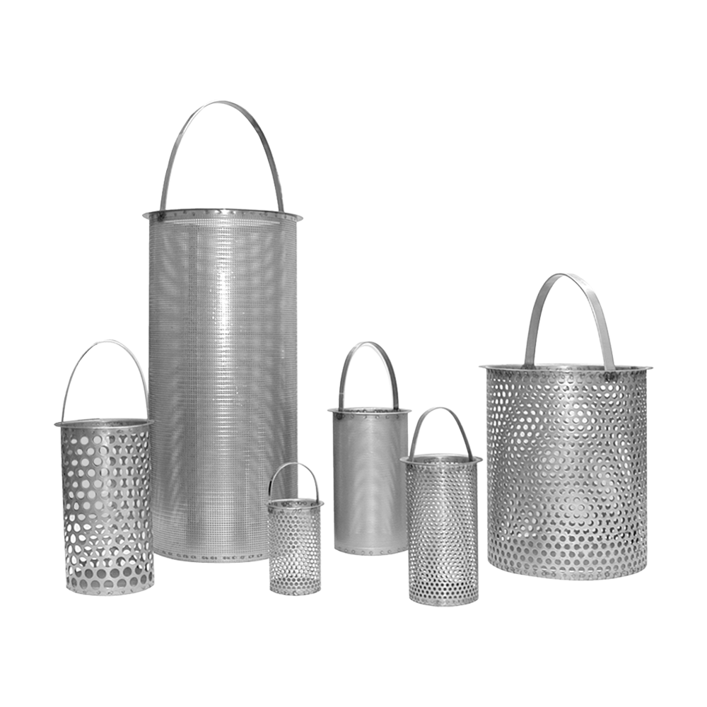 A collection of six stainless steel strainer baskets with varying mesh patterns and perforation sizes. 