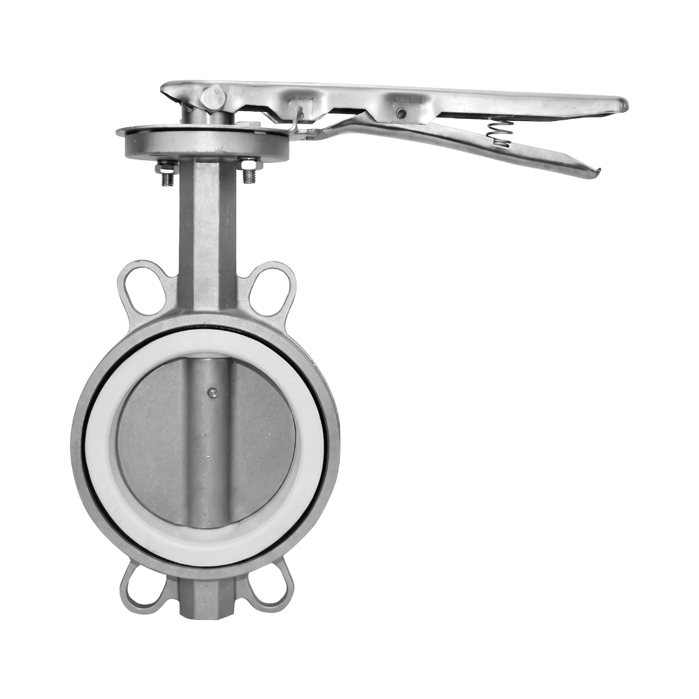 A close-up of an industrial stainless steel wafer butterfly valve with a trigger handle, used for controlling the flow of fluids moving through a system. 