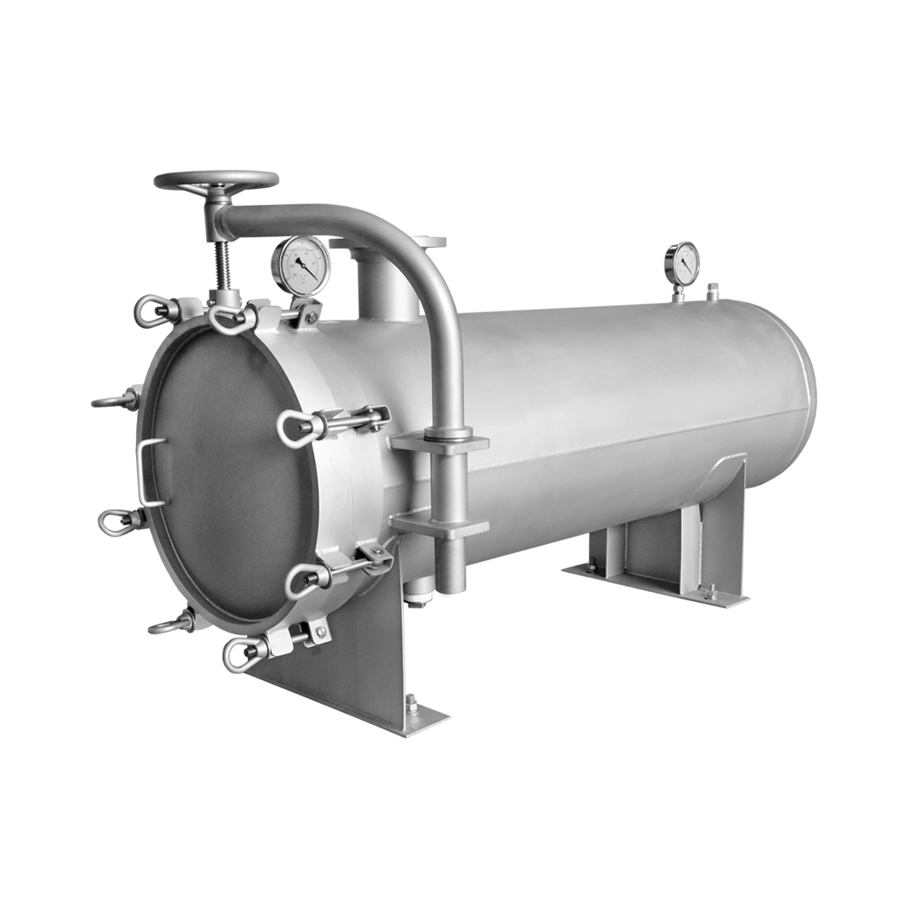 A large horizontal high flow filter housing made of stainless steel, equipped with pressure gauges. 