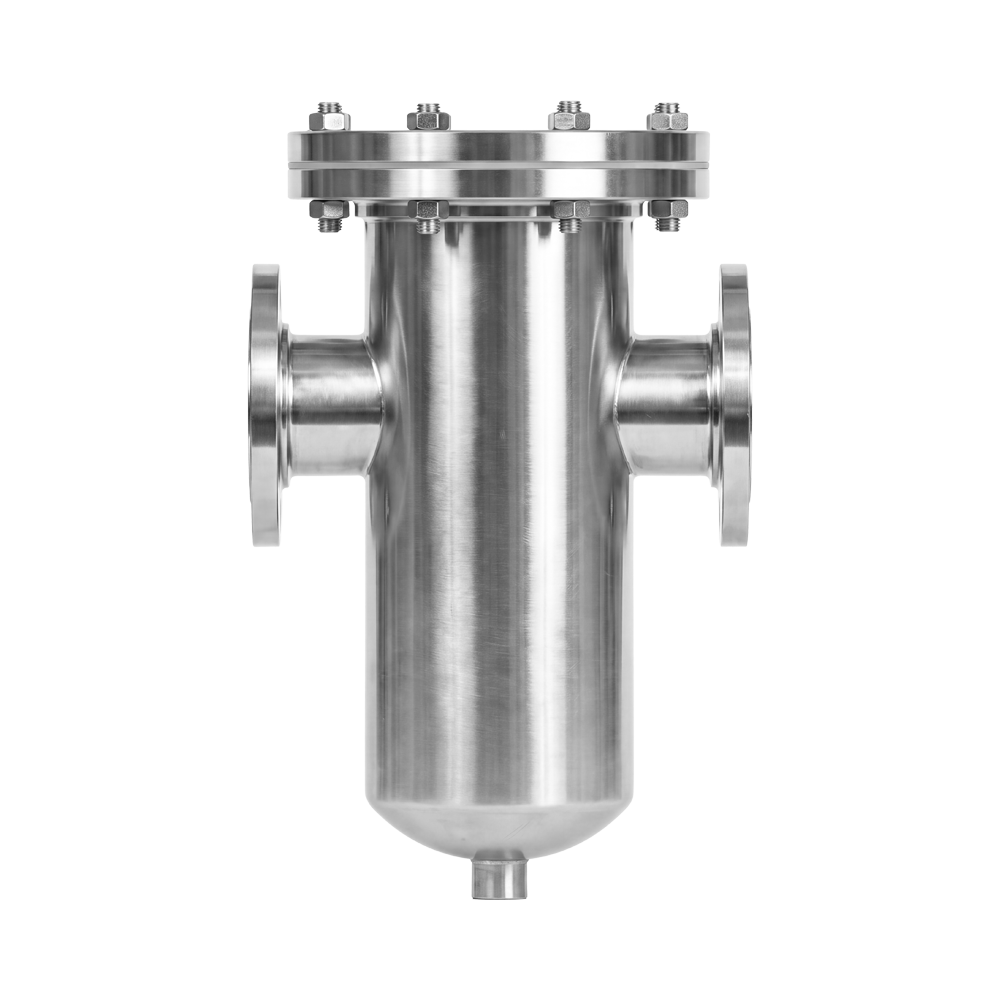 Close-up of a stainless steel simplex strainer with flanged end connections.