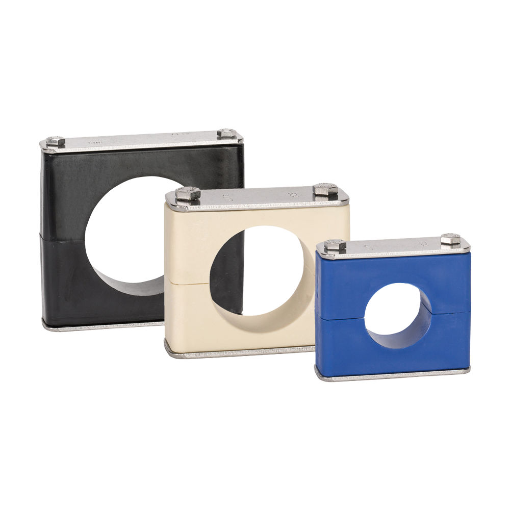 Three Behringer block style hangers with inserts made of Polypropylene, Santoprene and Polysulfone.