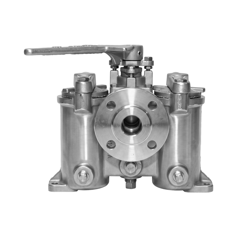 Close-up of a stainless steel duplex strainer with flanged end connections.