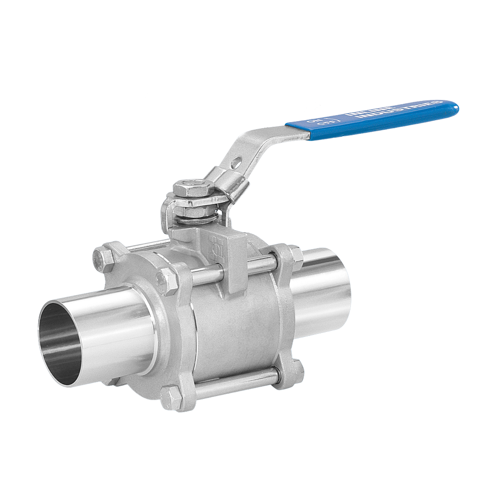 A close-up of a sanitary stainless steel ball valve with a blue handle, used for controlling the flow of fluids moving through a system. 