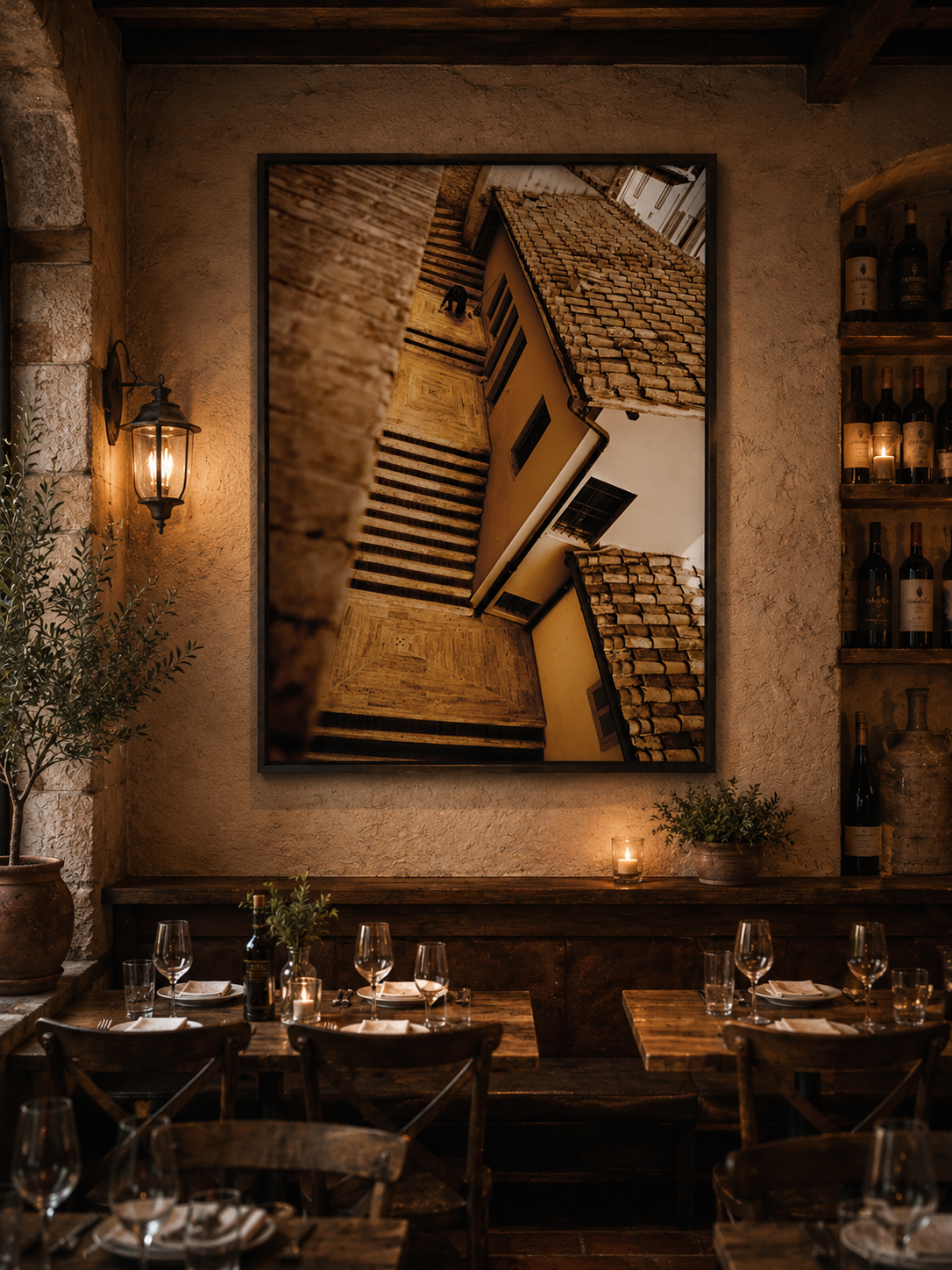 Interior of a cozy restaurant with wooden tables, wine bottles on the shelves, and a large framed photograph of a building with stairs and tiled roof hanging on the wall, illuminated by warm lighting.