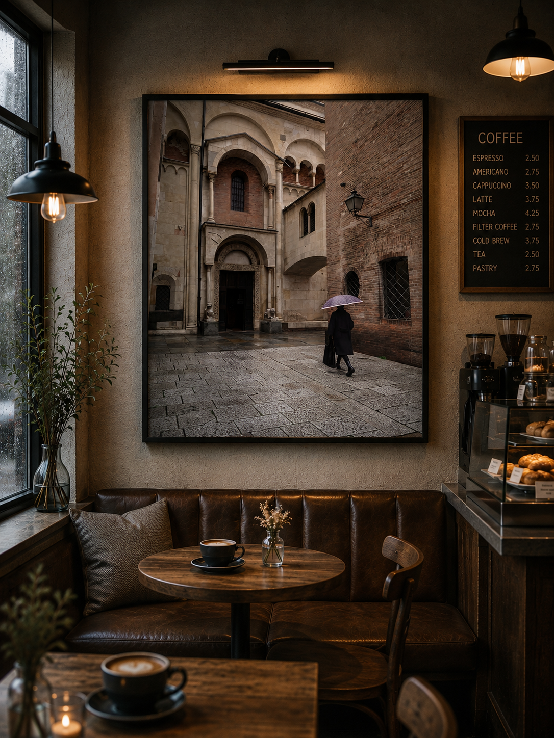 Interior of a cozy coffee shop with wooden tables, a leather-like cushioned bench, a large framed photo of a rainy European street scene with a woman holding an umbrella, a menu board listing various coffee drinks, warm lighting, and a window with rain outside.