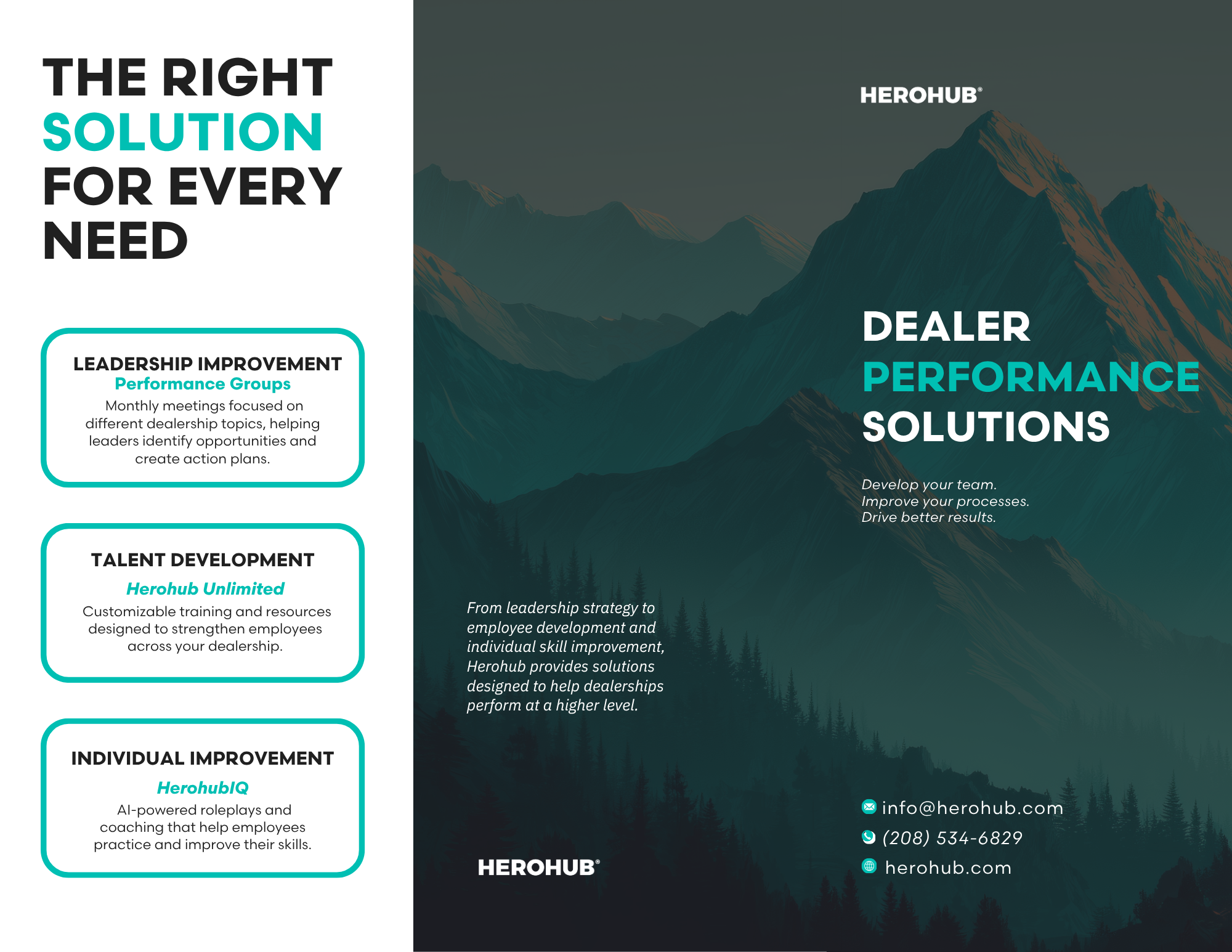 A promotional flyer for HeroHub with a mountain landscape background. The flyer highlights solutions for dealer and individual performance improvement, with contact information at the bottom.