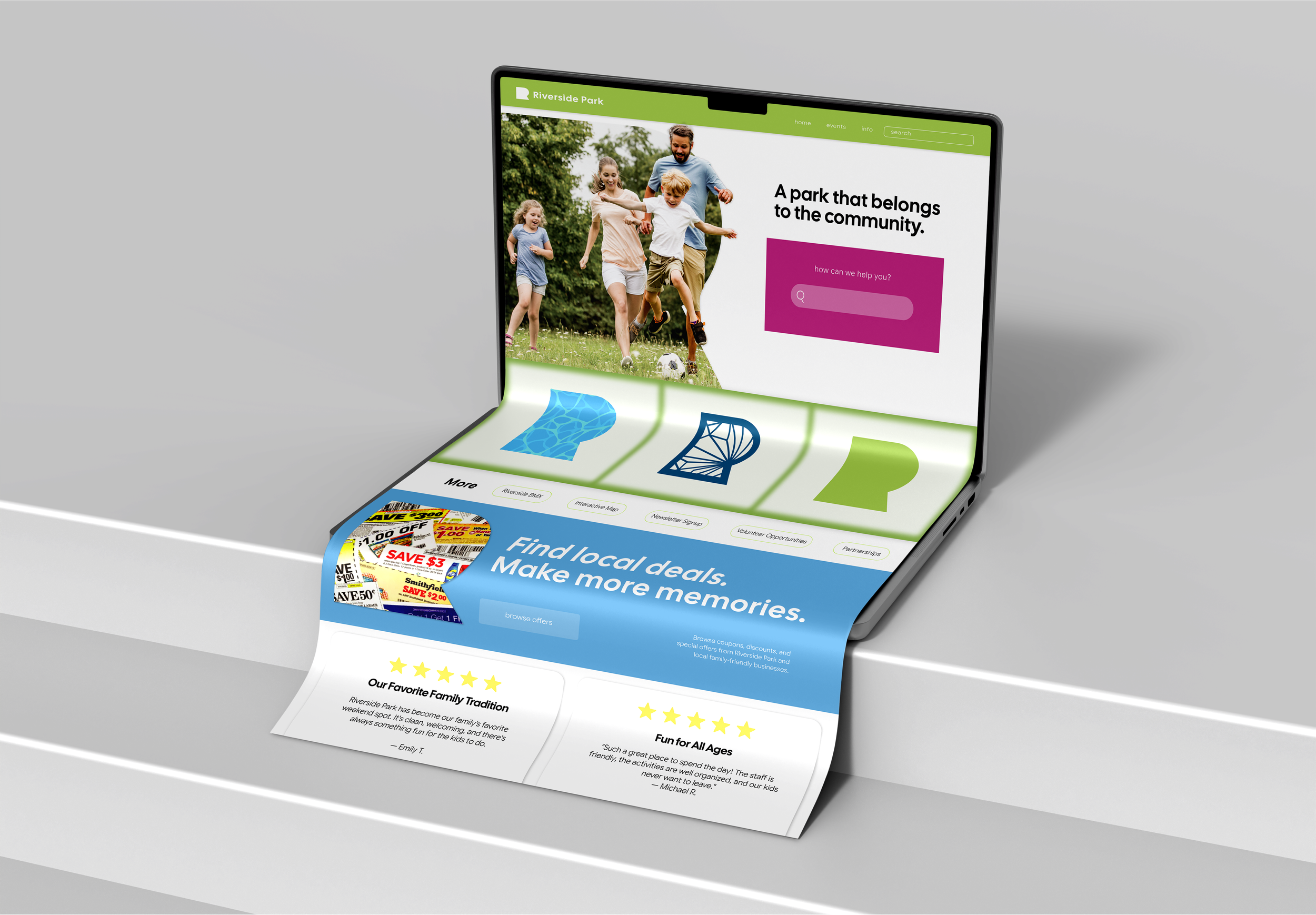 A website display about Riverside Park featuring a family playing soccer, with a search bar, links to home, events, and info, and sections with deals, community videos, and reviews.