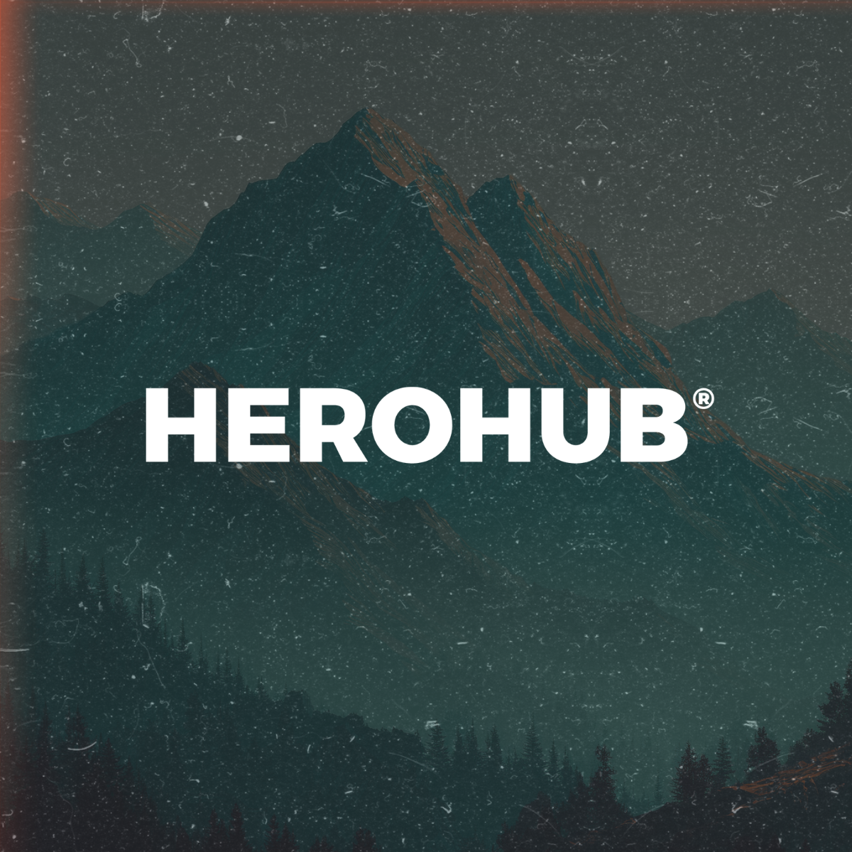 A graphic design featuring a mountain landscape with the word 'HEROHUB' written in bold white letters across the center.