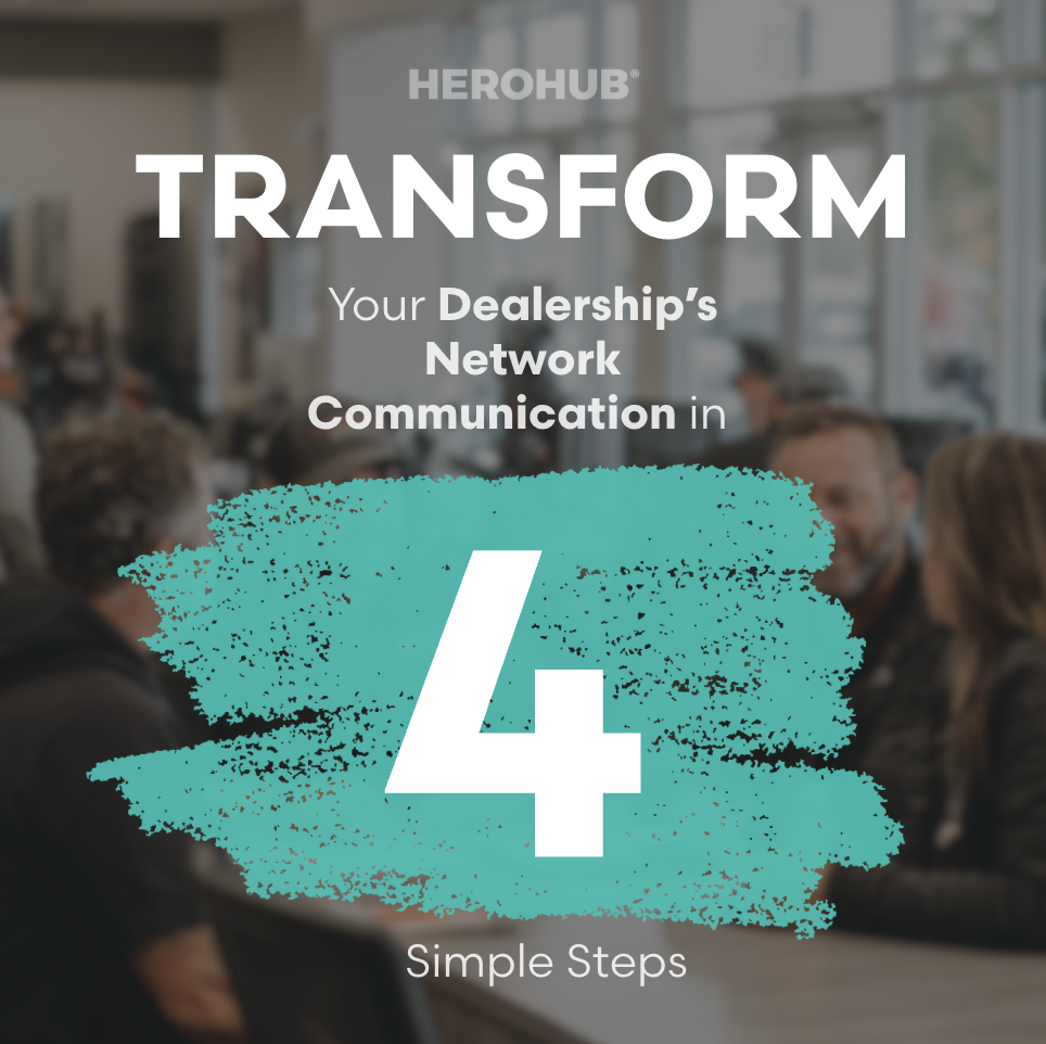 Promotional graphic for HEROHUB with the slogan 'Transform Your Dealership's Network Communication in 4 Simple Steps' over a blurred background of people in a conference room.