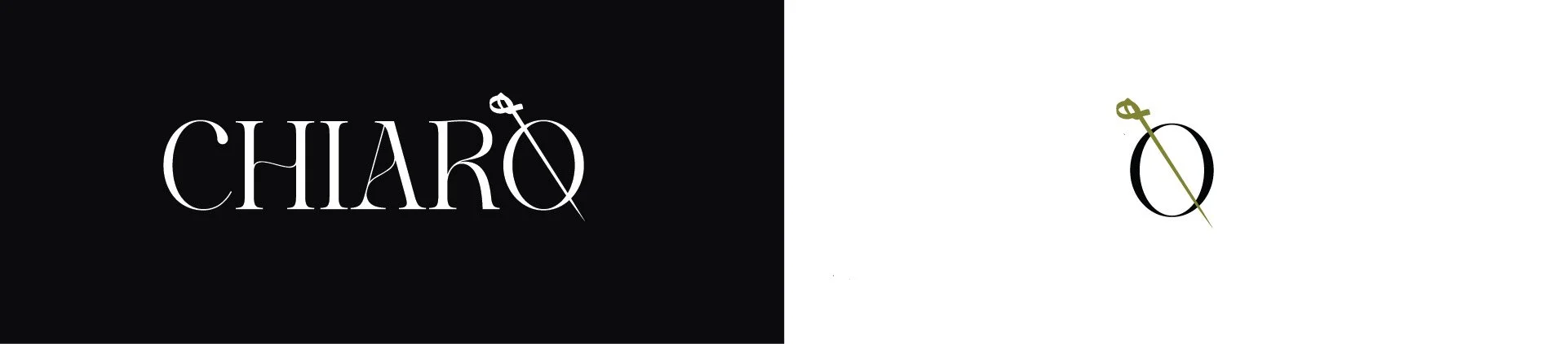 The image is divided into two halves: the left side features the word 'CHIARO' in white letters on a black background with a stylized arrow through the letter 'Q'. The right side has a white background with a black letter 'O' and a stylized arrow through it.