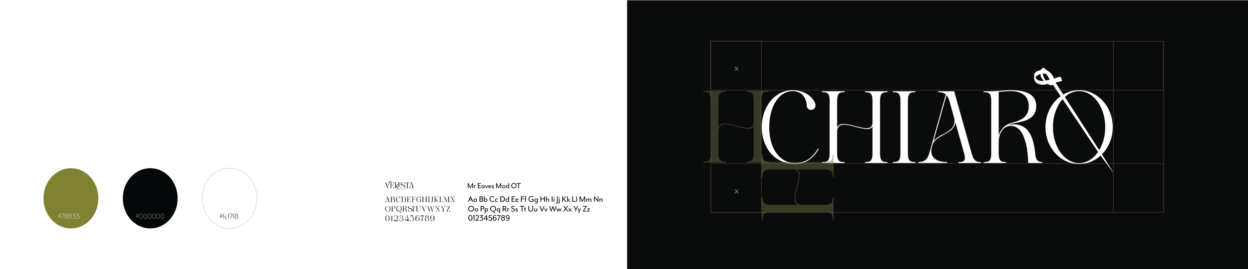 The image shows a split-screen with a design guide on the left and a stylized 'F CHARO' logo on the right. The design guide includes three color swatches, font name Velista, a lowercase and uppercase alphabet, and numbers, along with some font specifications.