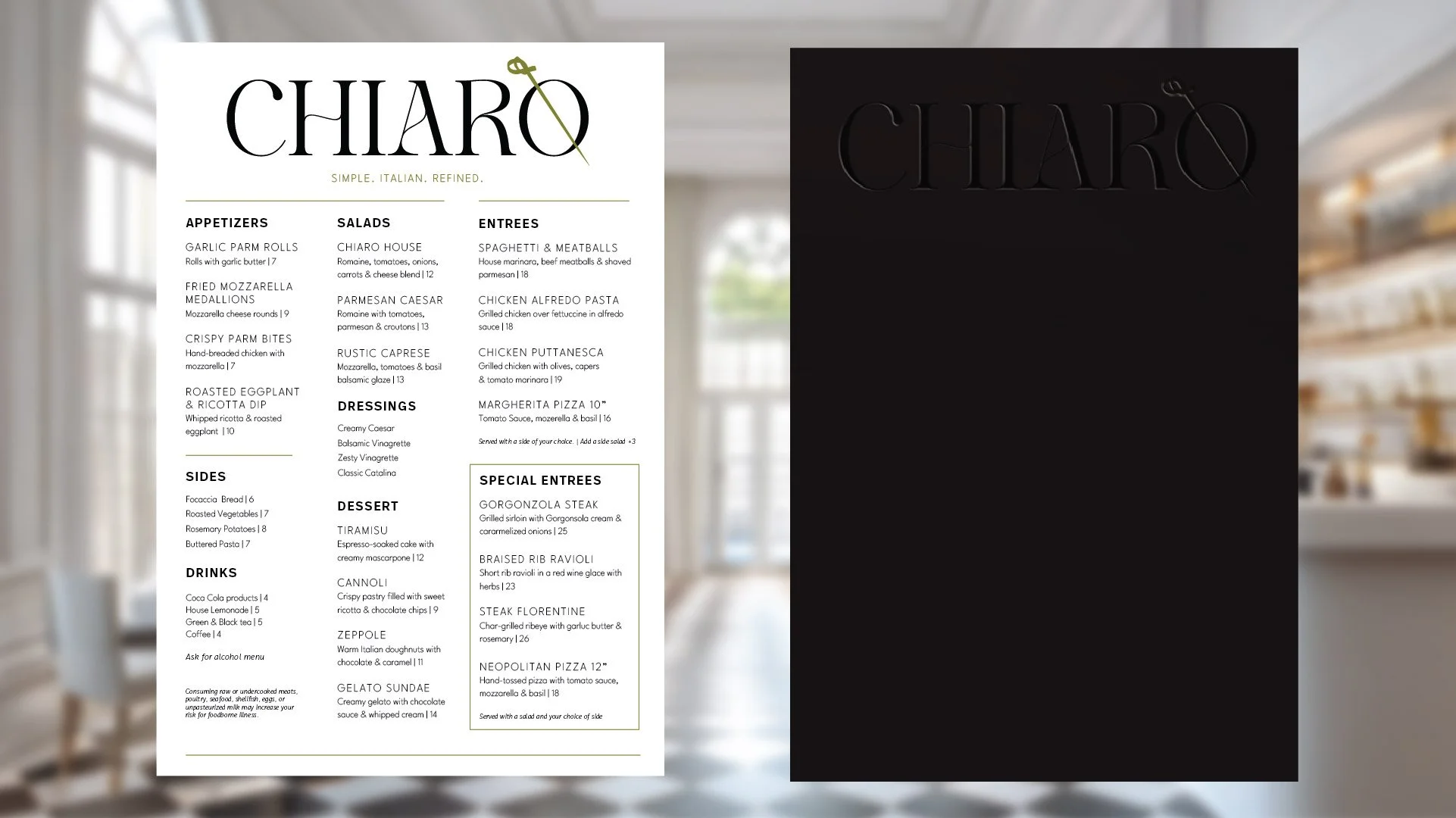 A restaurant menu from Chiaro, featuring sections for appetizers, salads, entrees, side dishes, desserts, drinks, special entrees, and more. The menu is designed with a minimalist style, with black text on a white background, and includes some menu item descriptions and prices.