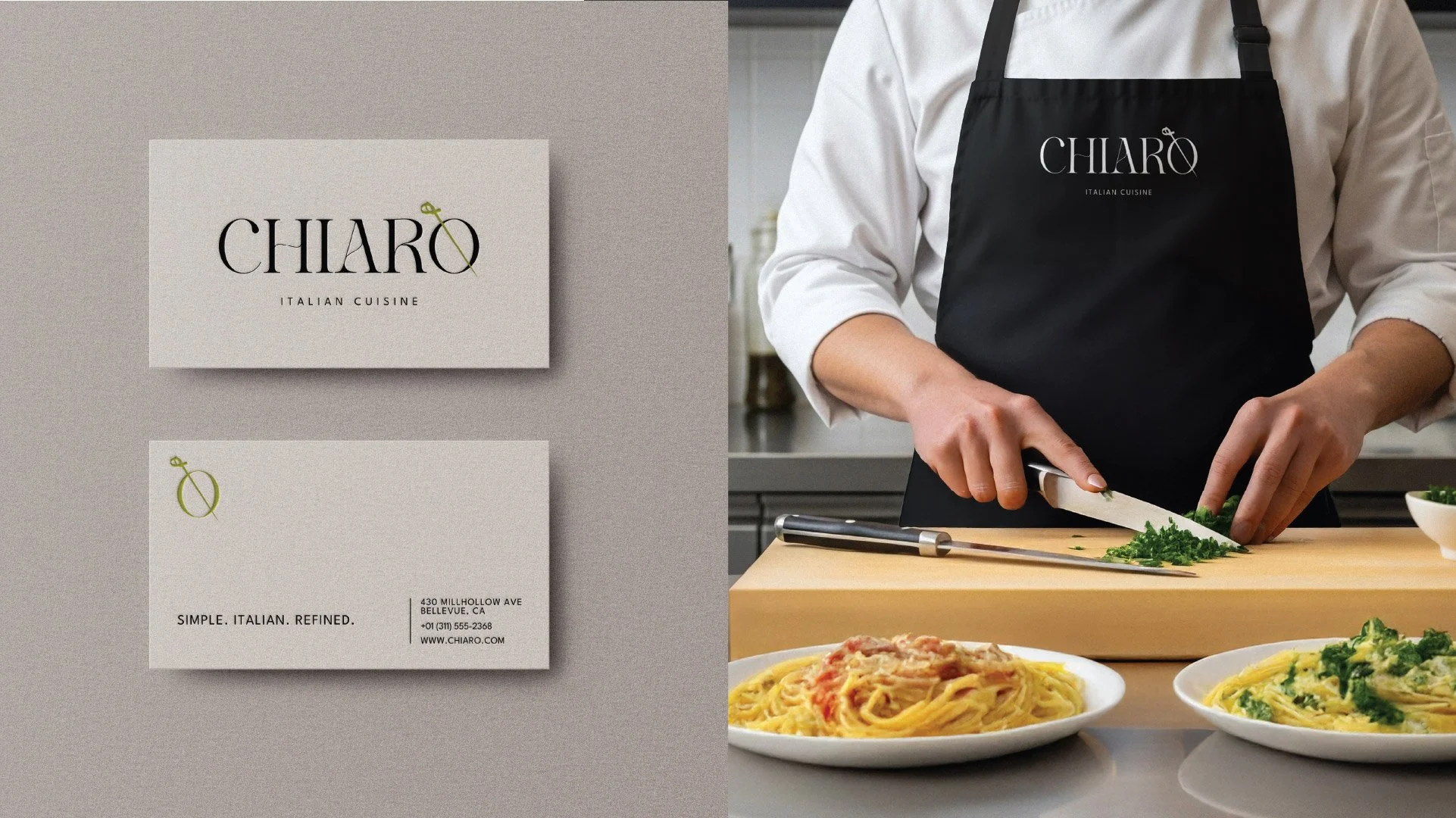 A person chopping green herbs on a wooden cutting board in a kitchen, wearing a black apron with the logo 'Chiarò Italian Cuisine'. There are plates of pasta dishes on the counter. On the left, there are two white posters with the restaurant's branding, address, phone number, and website.