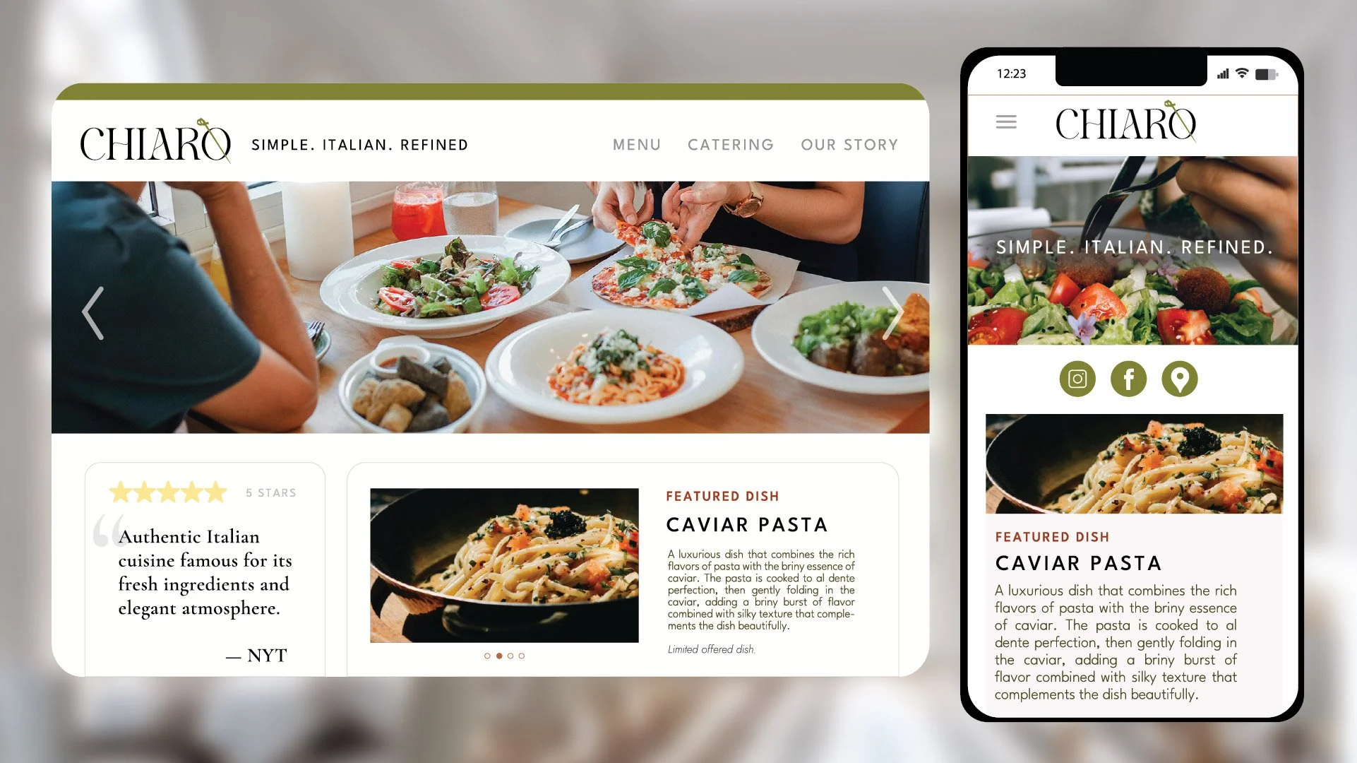 Website and mobile view of a restaurant called Chiaro, featuring Italian cuisine, with dishes including salads, pizza, and pasta. The website highlights its refined Italian menu and has options for menu, catering, and story.