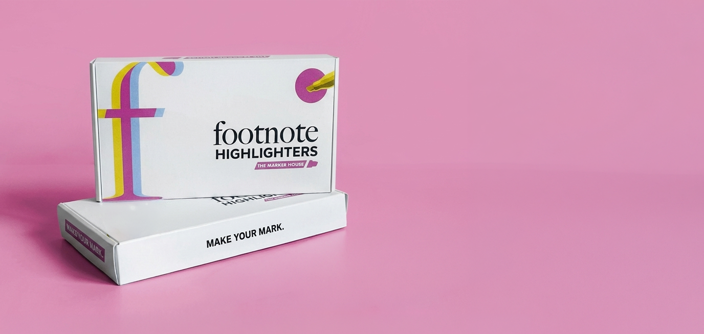 Box of Footnote Highlighters on pink background