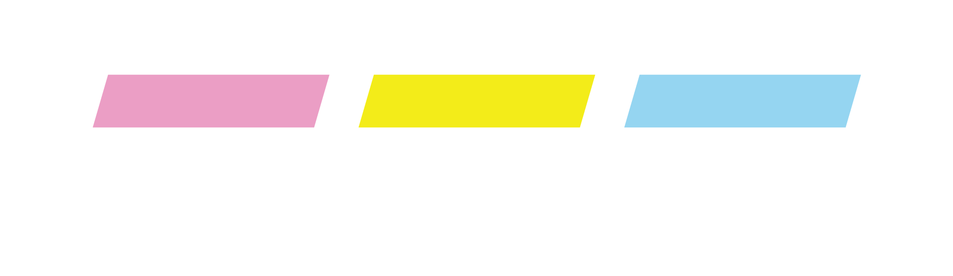 Three colorful parallelograms in pink, yellow, and blue arranged in a horizontal line on a white background.