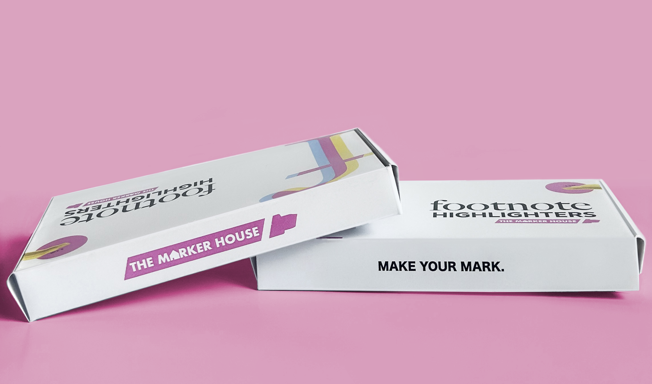 Two white boxes with 'Footnote Highlighters' and 'The Marker House' written on them, placed on a pink background.