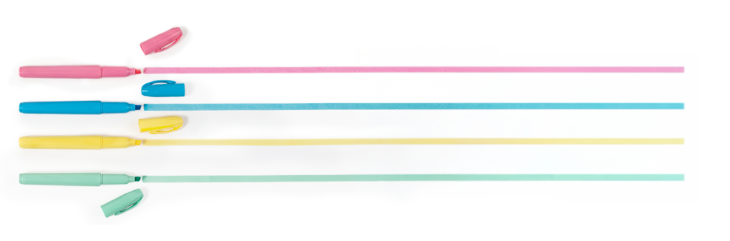 Four colored pens with caps removed, aligned on a white background.