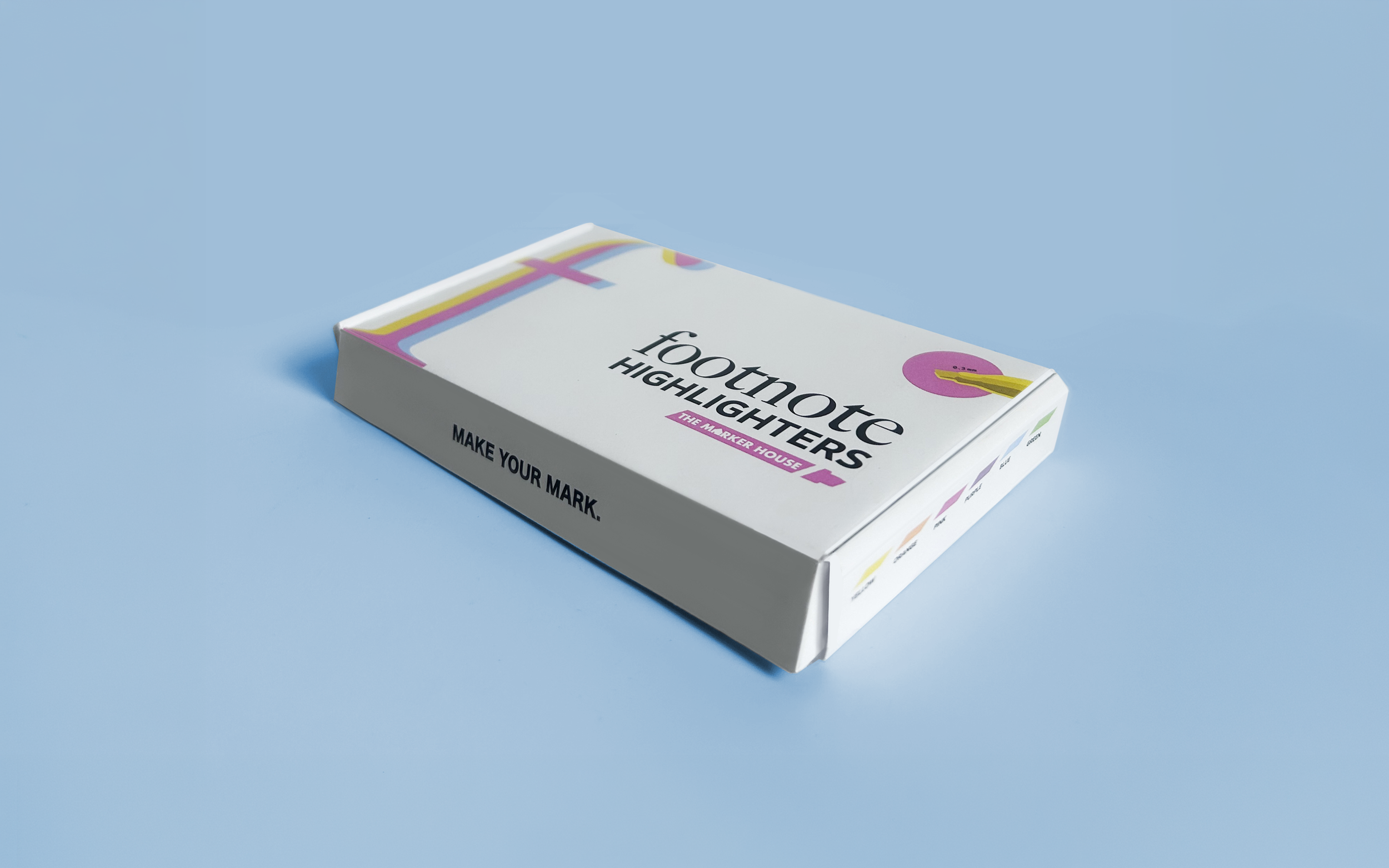 A box of highlighters with colorful design on a light blue background.